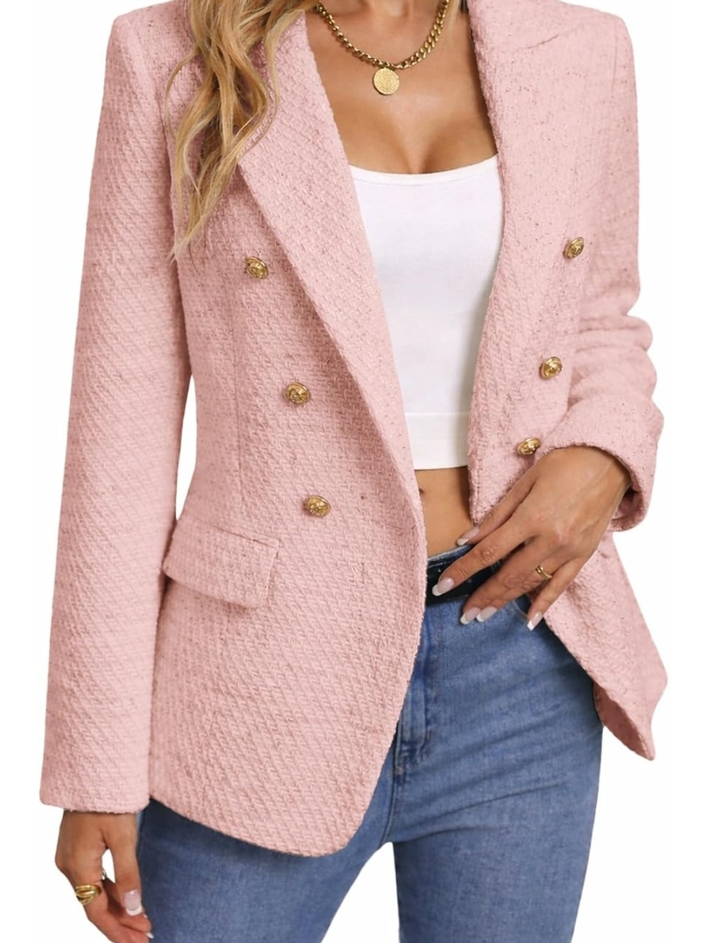 NWT - Women's Pink Tweed Double-Breasted Blazer Jacket - Size L